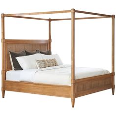 a wooden bed with white sheets and pillows on it's headboard, against a white background