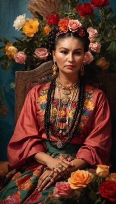 a woman sitting on top of a chair with flowers in her hair and necklaces around her neck