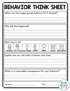 a printable worksheet for the behavior think sheet