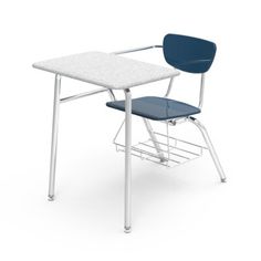 a blue and white desk with a chair next to it on a white background in front of a white backdrop