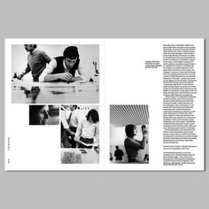 an open book with black and white photos on it, showing people working at desks