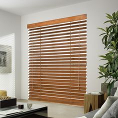 a living room with white walls and wooden blinds