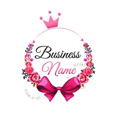 a pink bow and crown with the words business name