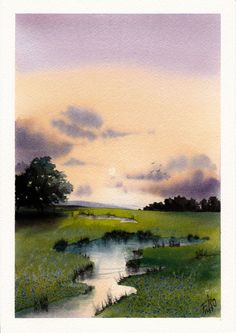 a watercolor painting of a grassy field