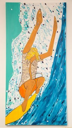 a painting of a woman riding a wave on a surfboard