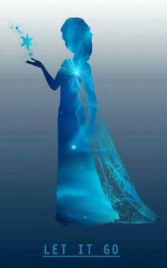 the silhouette of a woman in a blue dress with snow flakes on her hand