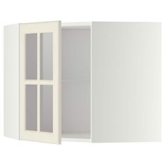 an open white cabinet with glass doors