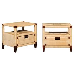 two pieces of furniture made out of wood with drawers on each side and one drawer in the middle