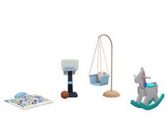 an assortment of toys including a rocking horse