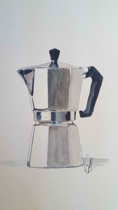 a drawing of a coffee pot on a white table top with watercolor pencils