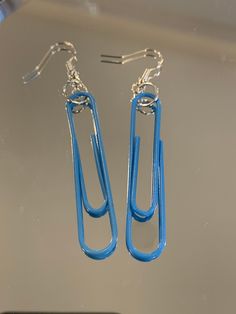 Handmade blue paper clip earrings Trendy Paperclip-shaped Earrings As Gift, Trendy Paperclip Earrings As Gift, Trendy Paperclip Earrings For Gift, Blue Clip-on Drop Earrings, Paper Clip Earrings, Lego Earrings, Blue Drop Earrings, Blue Dangle Earrings, Yellow Butterfly