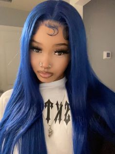 Blue Hair With Black Underneath, Dark Blue Hair Wig, Black And Blue Hair Black Women, Blue Alt Hair, Blue Hair Baddie, Blue Hair On Black Women, Blue Hair Black Women, Blue Twists, Blue And Blonde Hair