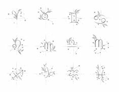 the zodiac signs and their symbols are drawn in black ink on a white paper background