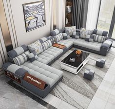 a modern living room with gray and white furniture