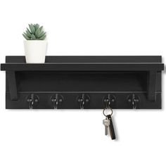 a black shelf with keys and a potted plant on the top, hanging from it's hooks