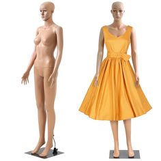 two mannequins dressed in yellow dresses and one wearing a white bra top