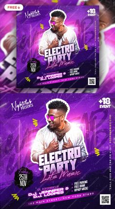 the flyer for an electric party is shown in purple and black colors, with two men on