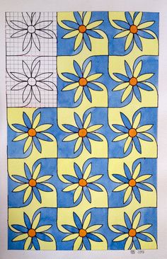 an art project with blue, yellow and white flowers on squares in the shape of sunflowers