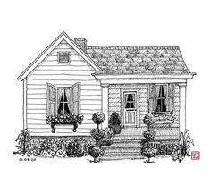 a drawing of a small house with flowers on the front and steps leading up to it