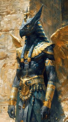 an egyptian man dressed in blue and gold with his hands on his hips, standing next to a wall