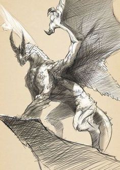 a drawing of a dragon on top of a building with its wings spread wide open