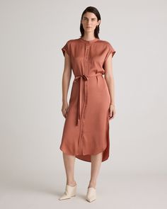 The ultimate day-to-night dress, our Washable Stretch Silk Midi Shirt Dress is crafted from best-in-class mulberry silk with a hint of stretch. We gave the classic shirtdress silhouette a modern update with a band collar, short dolman sleeves, and a rounded hem. Luxuriously soft to the touch with a gorgeous drape and customizable belted waist, this midi-length style is designed to flatter and feel good. Elegant Rayon Shirt Dress For Summer, Elegant Rayon Shirt Dress For Daywear, Casual Silk Midi Dress For Work, Casual Silk Dress For Work, Elegant Viscose Shirt Dress For Daywear, Silk Dresses For Work, Navy And Copper, Classic Shirt Dress, Day To Night Dresses