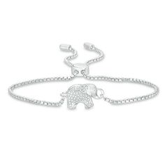 Send good fortune her way with this shimmering elephant bolo bracelet. Crafted in sterling silver, this dainty design features a sparkling beaded elephant with his trunk up for luck. Buffed to a brilliant luster, this easy-on box chain bracelet adjusts up to 9.0 inches in length and secures with a bolo clasp and tube ends. Beaded Elephant, Zales Zales, Bolo Bracelet, Book An Appointment, Good Fortune, Box Chain, White Metal, Bracelet Designs, Sterling Silver Bracelets