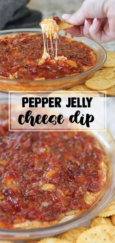 a person dipping cheese on top of a pizza with crackers in the background and text overlay that reads pepper jelly cheese dip