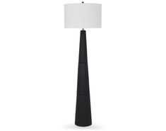 a black floor lamp with a white shade on the base and a light at the end