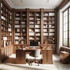 an office with lots of bookshelves and a desk in front of the window