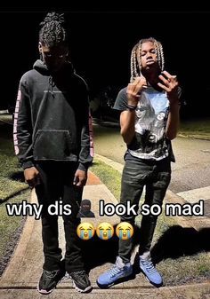 two young men standing next to each other in front of a dark background with the words why dis looks so mad