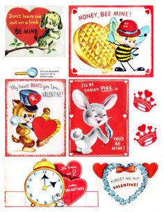 valentine's day greeting cards with bunny, heart, honey bee and waffles