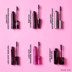 Six varieties of mascara, open to show brush, on pink background (c)Mary Kay Mary Kay Mascara Products, Mary Kay Products 2023, Mary Kay Mascaras, Mk Wallpaper, Mary Kay Lash Intensity Mascara, Eye Makeup Color