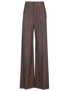 High-waisted dark brown linen trousers from Loewe, wide leg, with hidden front zip and hook closure, side and back welt pockets. Luxury Wide Leg Brown Pants, Luxury Brown Wide Leg Pants, Luxury Brown Chic Wide Leg Pants, Luxury Chic Brown Wide Leg Pants, Elegant Luxury Wide Leg Pants In Brown, Luxury Brown Wide Leg Formal Pants, Luxury Elegant Wide Leg Pants In Brown, Luxury High Waist Brown Bottoms, Luxury Classic Brown Bottoms