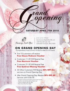 the grand opening flyer for an event with pink flowers and tea cups on it, along with other items