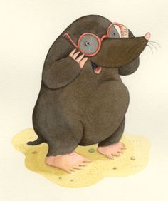 a drawing of a rat with glasses on it's head sitting in the sand