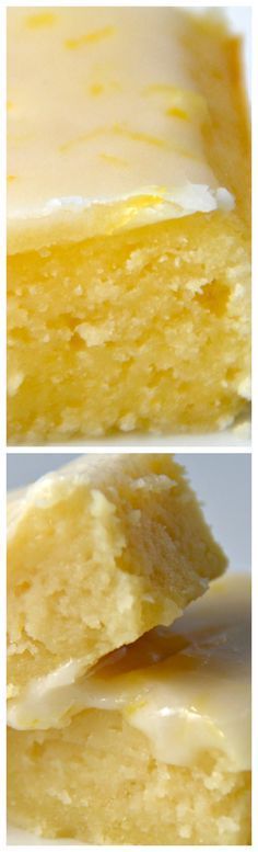 two pictures of yellow cake with white frosting