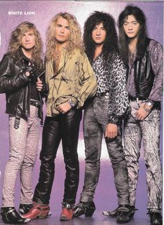 an advertisement for the white lion band, featuring three men in black leather pants and leopard print