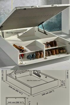 an open shoe box sitting on top of a white floor next to a drawing of shoes