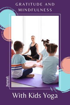 a woman is sitting in the middle of a yoga class with two children on her knees