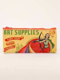 a pencil case with an arrow and bow on the front, advertising art supplies for kids