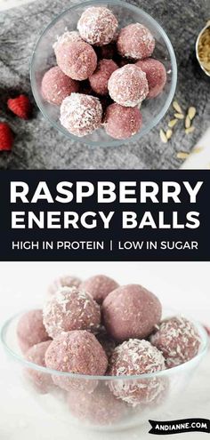 raspberry energy balls in a glass bowl on top of a table with other ingredients