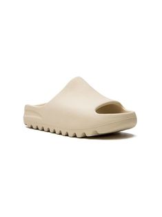 beige open toe branded insole slip-on style rubber sole Yeezy Slides Beige, Tan Yeezy Slides, Yeezy Bone Slides, Yeezy Bone, Yeezy Slides Outfit, Slides Outfit, Yeezy Slides, Adidas Kids, Kids Slide