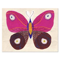 a pink and blue butterfly with white dots on it's wings, sitting on top of