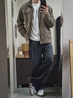 Casual outfit....Workers Jacket, White T, Baggy Black jeans, Adidas Spezials #fashion #outfits #black #jeans #jacket #white #tshirt #adidas #Spezials #simple #aesthetic #ootd