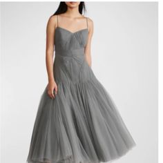 This Is A Beautiful Zac Posen Pleated Tulle Midi Dress. The Gown Is Drop Waisted, And You Will Feel Like A Ballerina In It. The Details Are Impeccable, And It Is So Comfortable On. The Dress Is Brand New With Tags, As I Decided To Go With A Different Dress Elegant Gray Tulle Evening Dress, Fitted Gray Tulle Dress, Elegant Silver Tulle Dress, Fitted Silver Tulle Dress, Silver Fitted Tulle Dress, Zac Posen Dress, Pleated Tulle, Tulle Mini Dress, Tulle Midi Dress