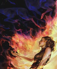 a painting of a woman with fire in her hand and the sky above her head