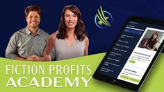 two people standing next to each other with the words fiction profits academy on top of them