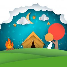 a campfire and tent in the middle of a field with stars, clouds and trees