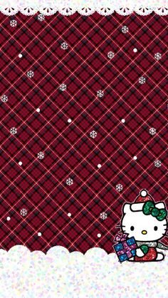 a hello kitty christmas card with snowflakes on it and a red plaid background